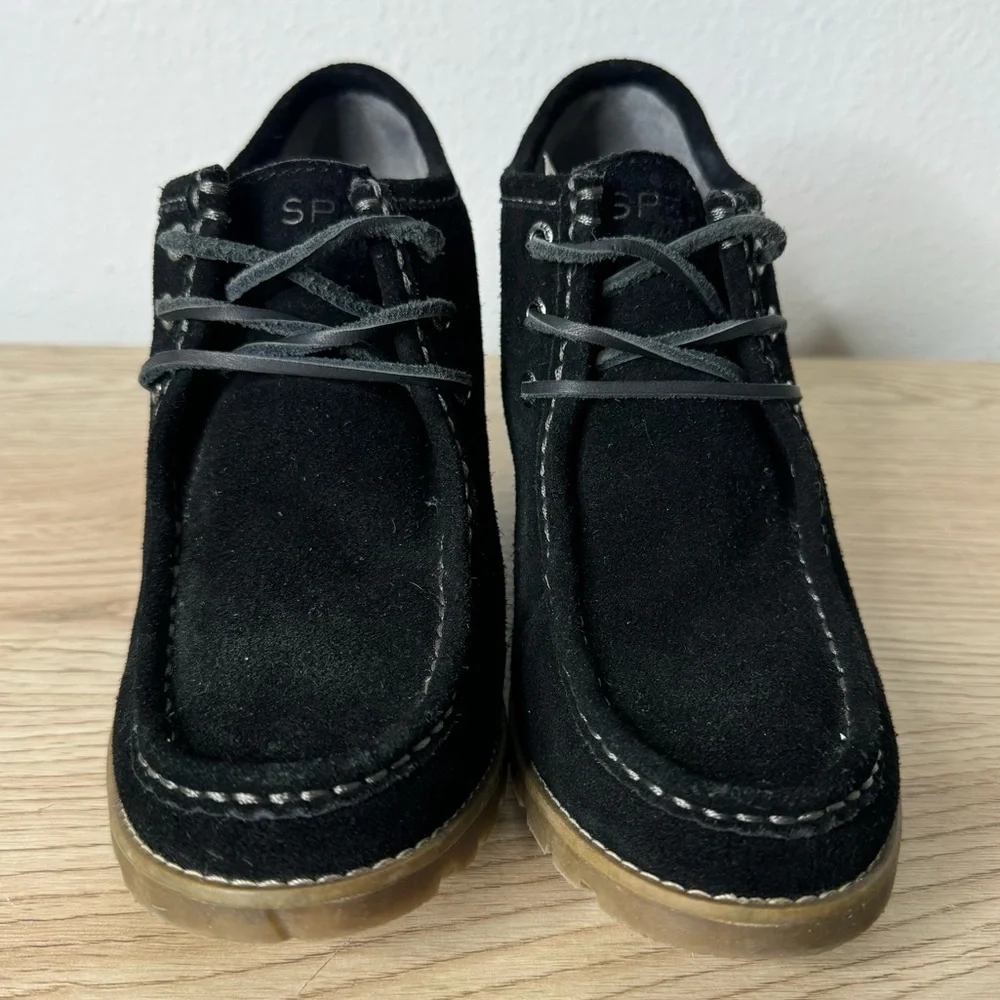 Sperry Black Suede Wedge Lace Up Top-Sider Stella Prow Bootie‎ Womens Size 8.5M